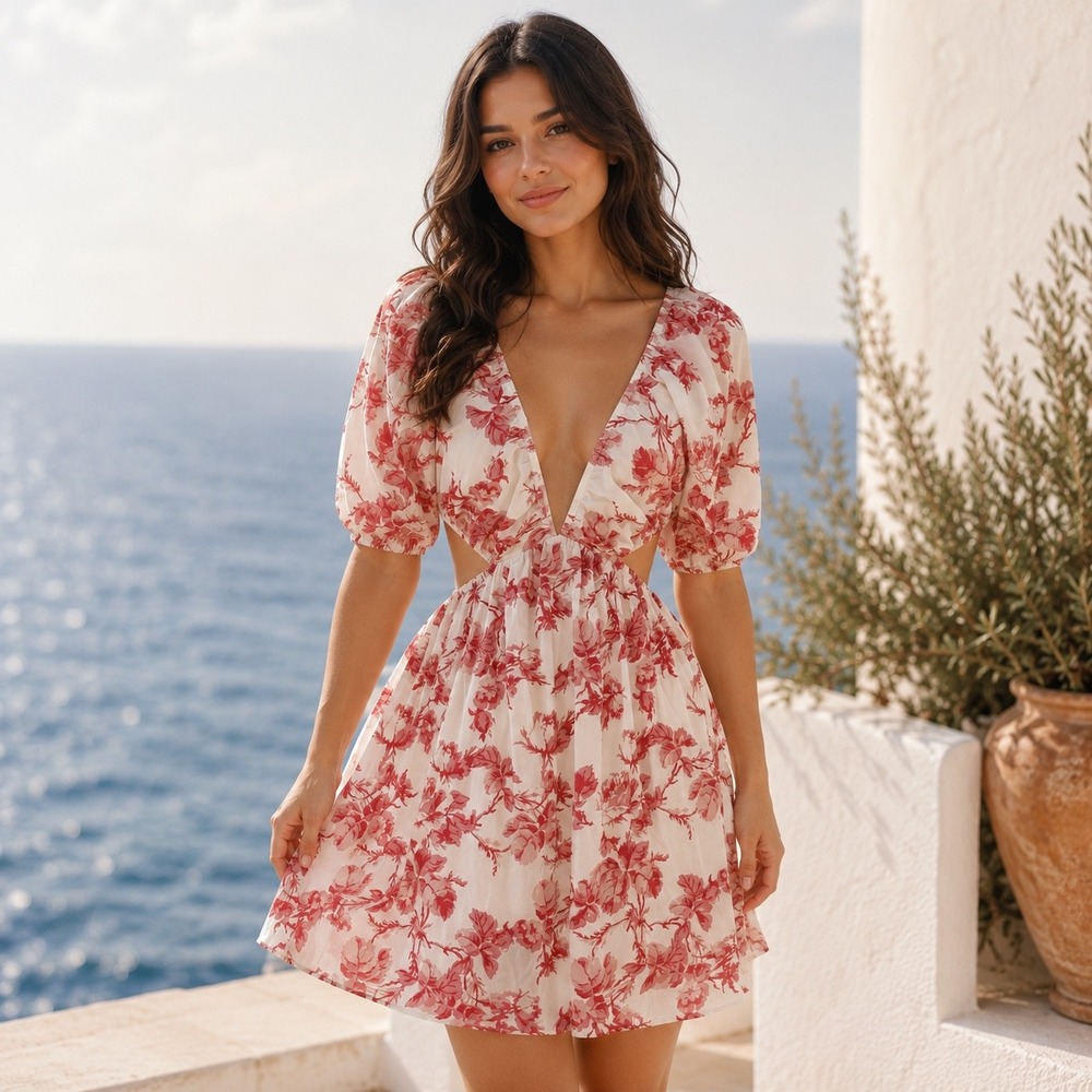 NWT Bardot Cutout Mini Dress Floral Ivory Red Cutout Puff Sleeve V-neck XS